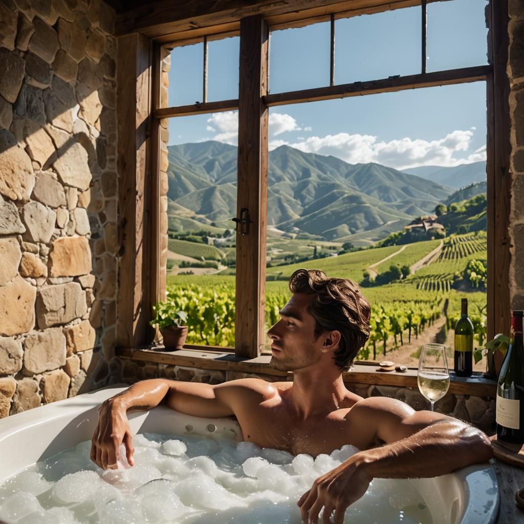 Man Relaxing in Bubble Bath with Mountain View