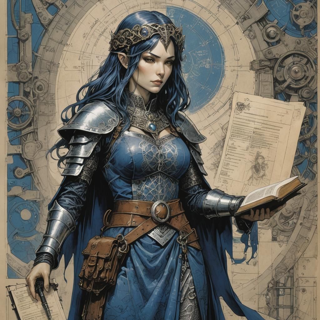 Female Warlock with Bible and War Plan Blueprint