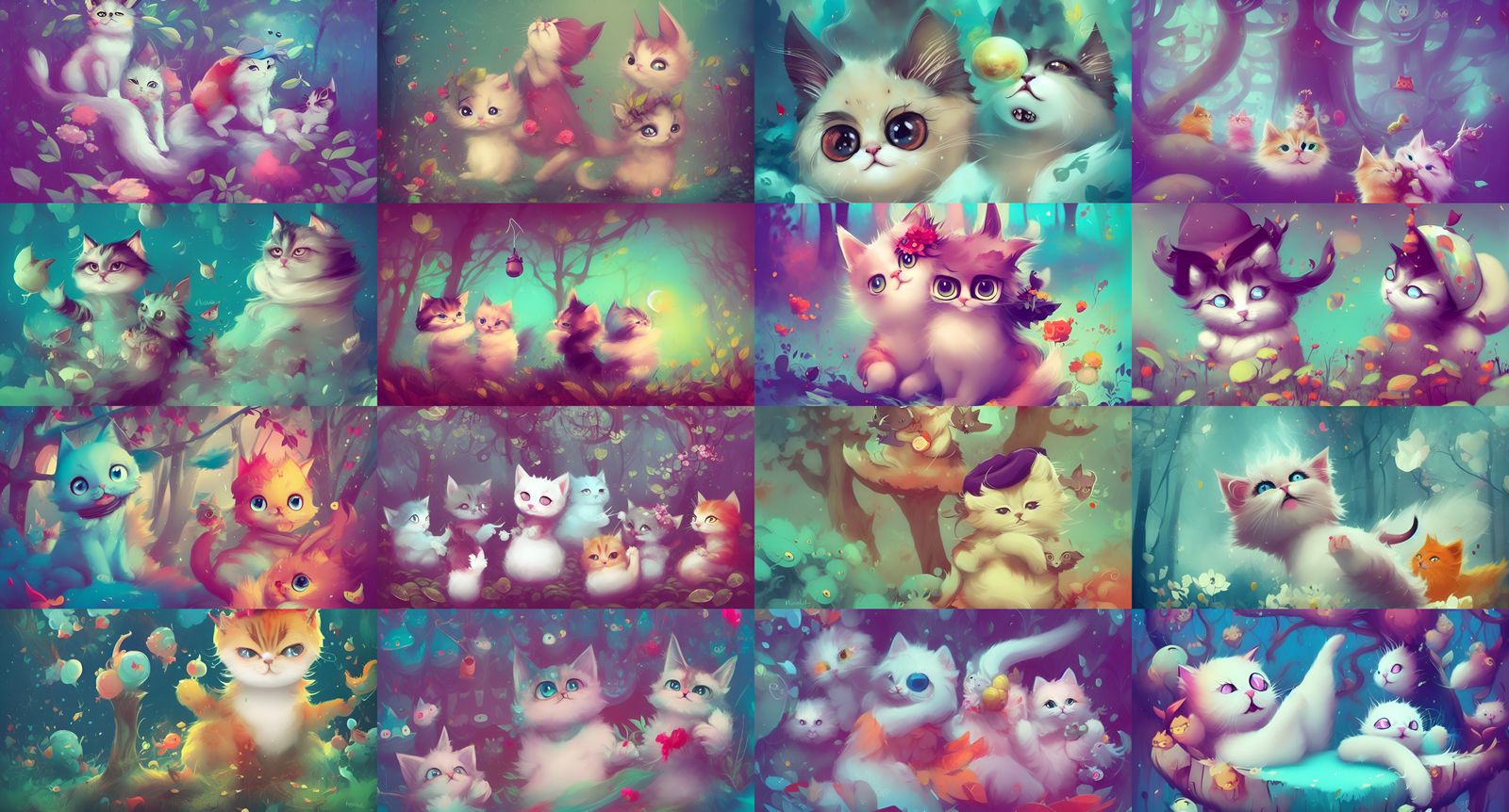 Kittens Playing in Fantasy Forest, Digital Illustration