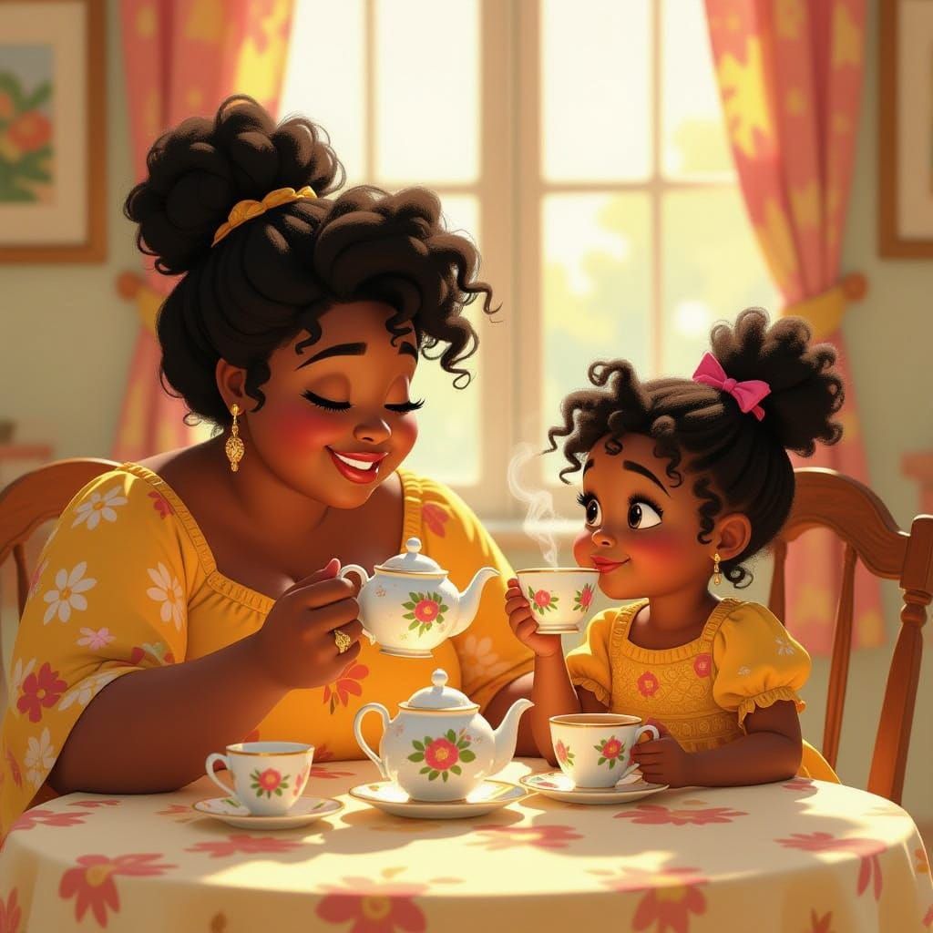 Festive Tea Time: Mother and Child in Pixar Style