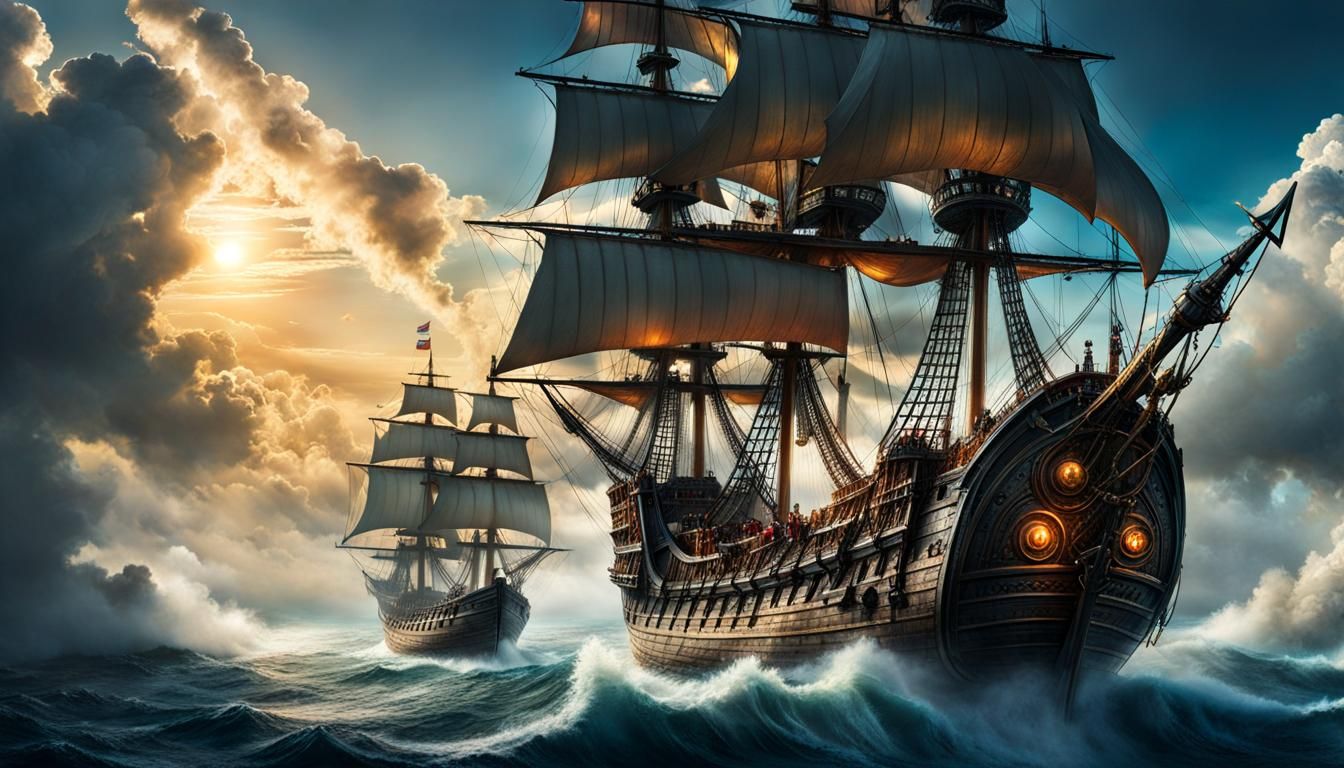 Fantastical Pirate Ship Sailing Through Clouds
