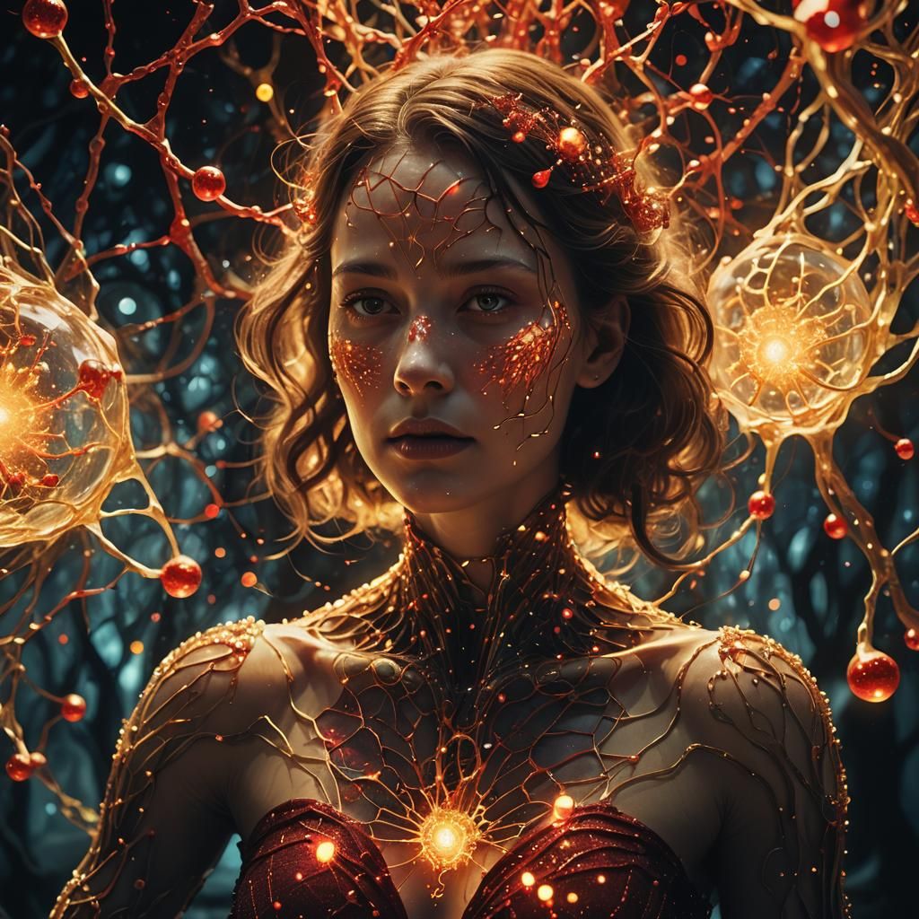 Woman in Bioluminescent Molecular Realm: Surreal Art