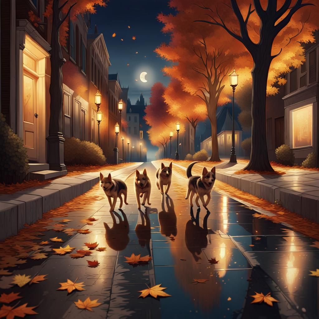 Puppies walking down an empty street