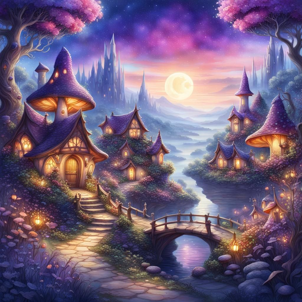 Enchanting Fairy Village Dreamscape in Watercolor Style