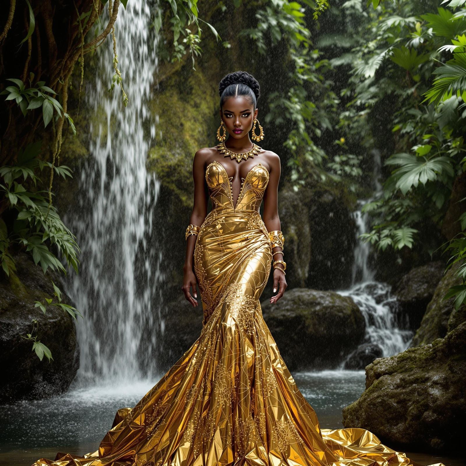 Photorealistic Tropical Goddess in Ancient-Inspired Golden G...