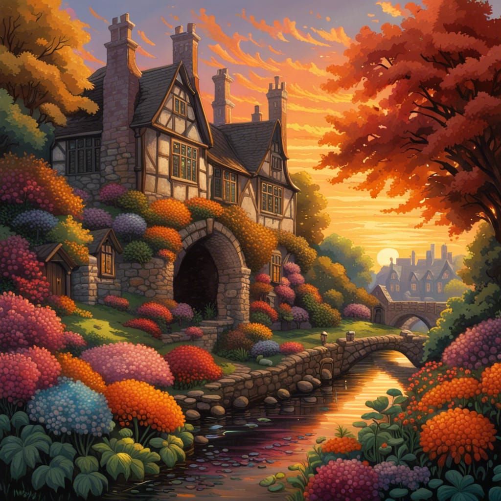 Gothic Tudor Village with Chrysanthemum Garden at Sunset