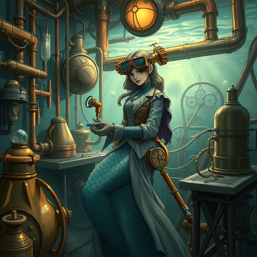 Steampunk Mermaid Inventor in Underwater Workshop