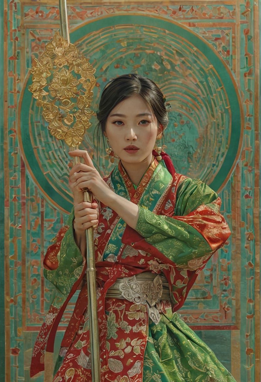 Korean Woman with Masks in Crystal Landscape