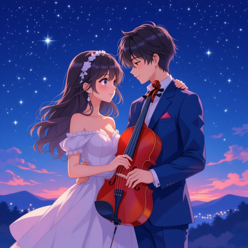 Anime Couple Kissing Under Starry Night Sky