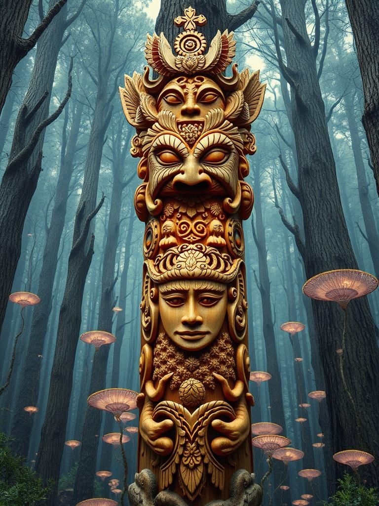 Intricate Wooden Totem in Mycelium Network