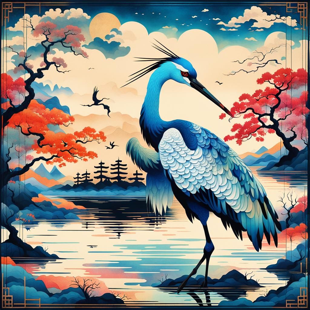 Crane in Lake: Japanese Screen Painting Style