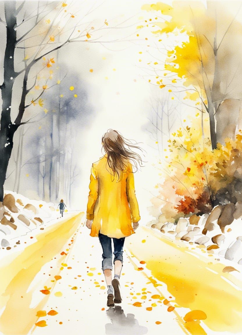 Girl Walks in First Snow: Watercolour Painting