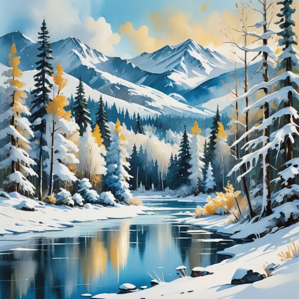 Snowy Winter Landscape as Impasto Painting