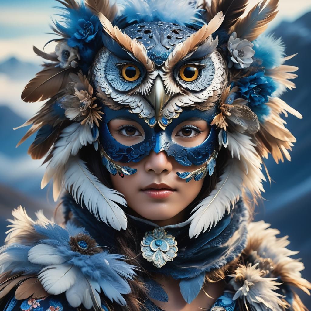 Onryō Woman with Floral Owl Mask in Tundra