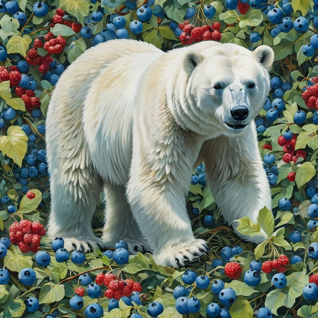Surreal Polar Bear on Giant Berries in Gouache Style