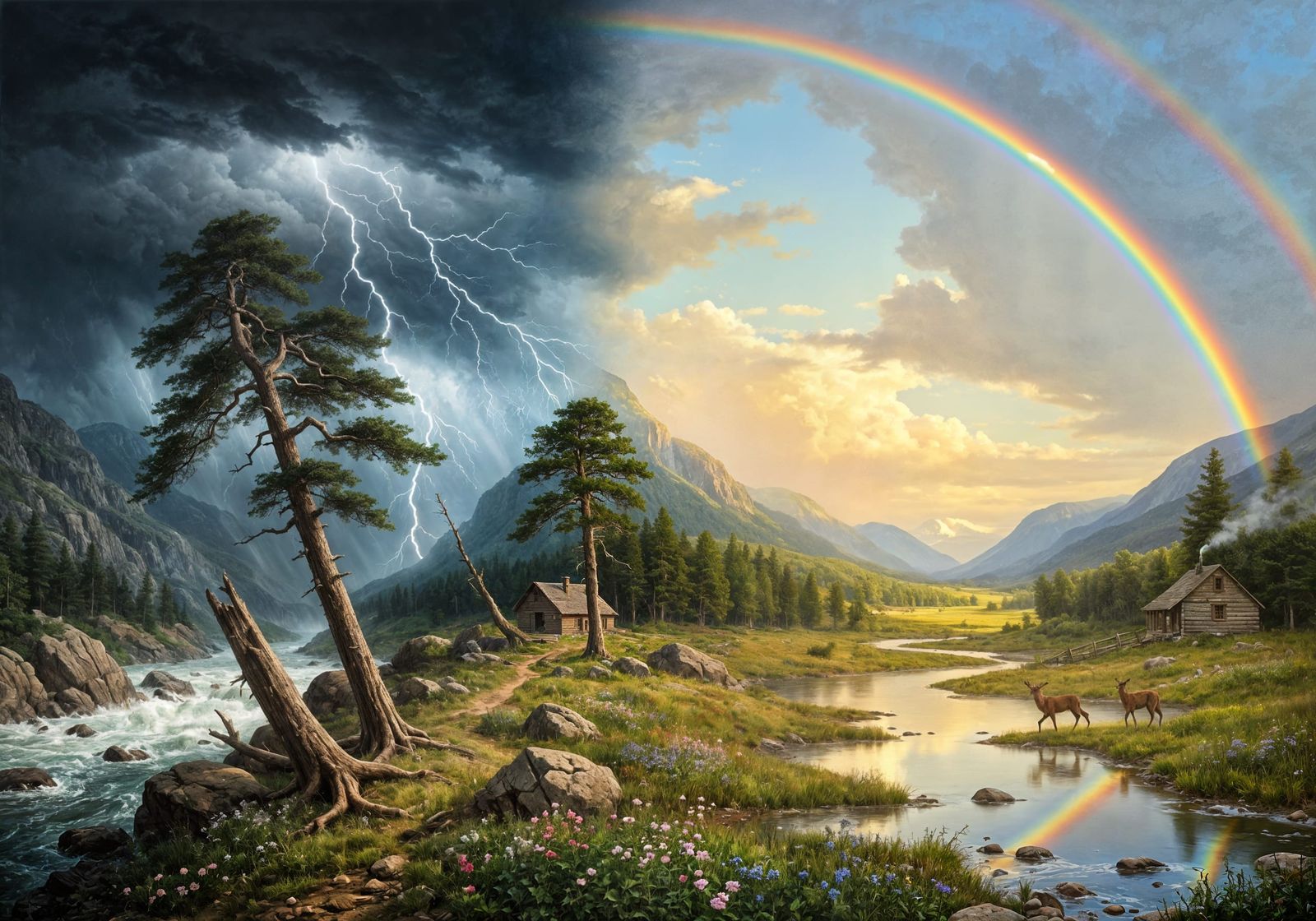 Dramatic Landscape: Storm to Rainbow Transition