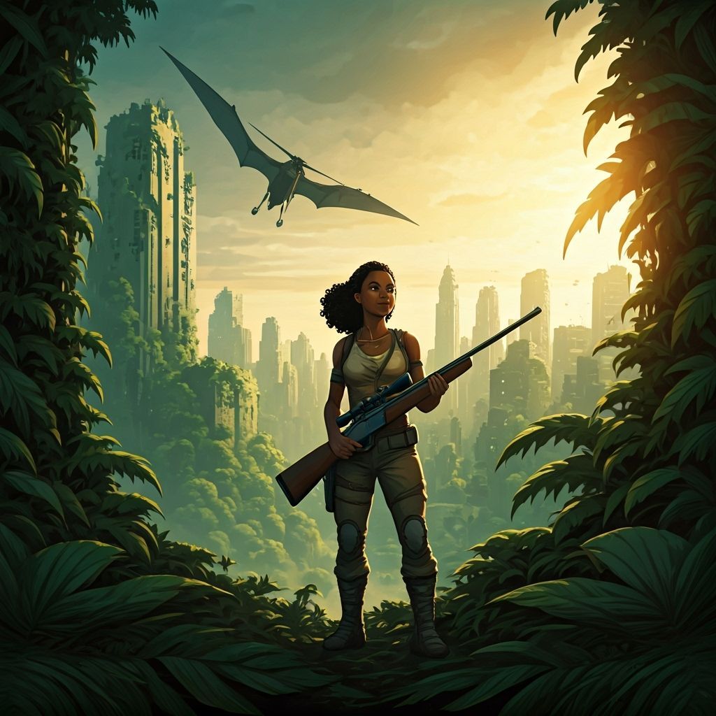 Pteropter Over Post-Apocalyptic Jungle City, Comic Book Styl...