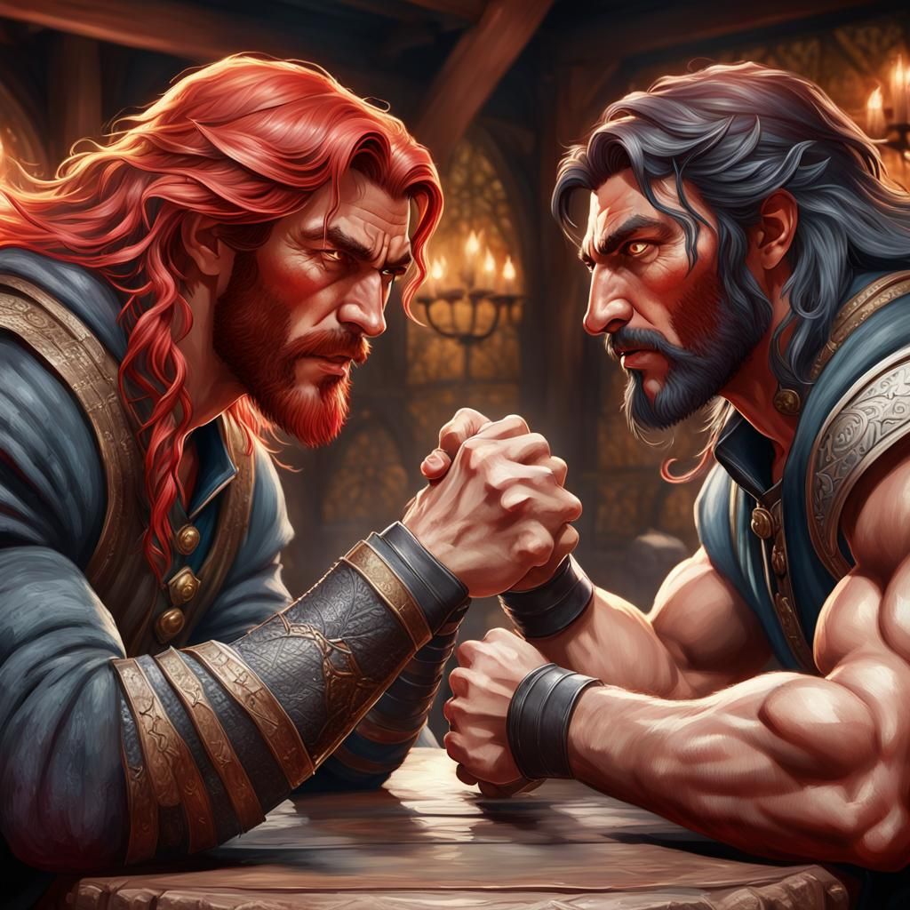 Men Arm Wrestling in Tavern, Hyperdetailed Portrait