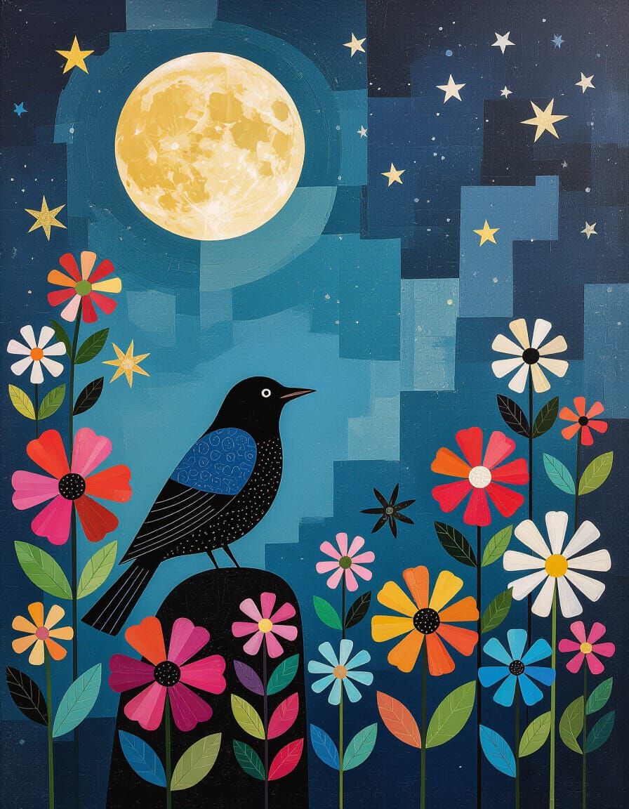 Luminous Bird Among Flowers in Abstract Night Scene