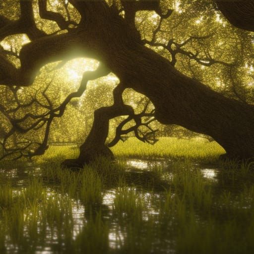 Oak Trees in Sunlit Swamp: Anime Key Visual
