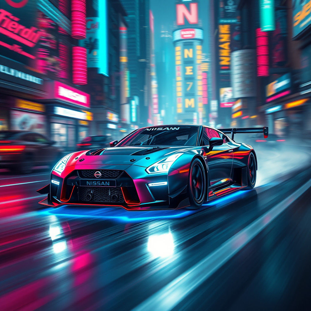Cyberpunk Nissan Race Car in Neon Cityscape