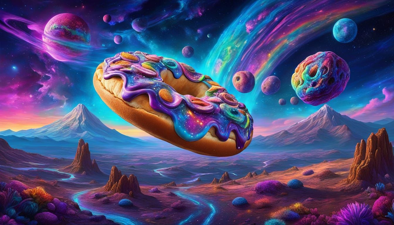 Surrealist Starship Soars Through Vibrant Cosmic Bakery Wave...