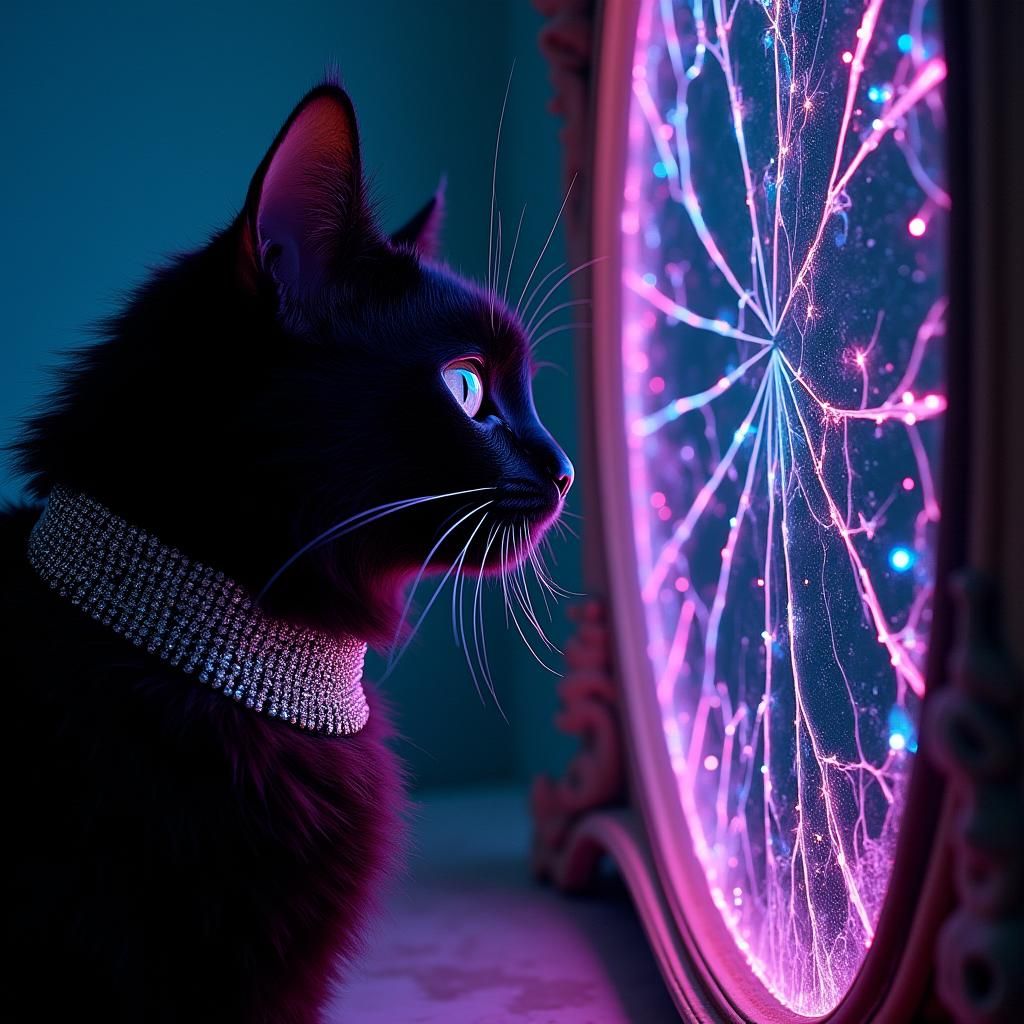 Black Cat's Neon Reflection in Shattered Mirror