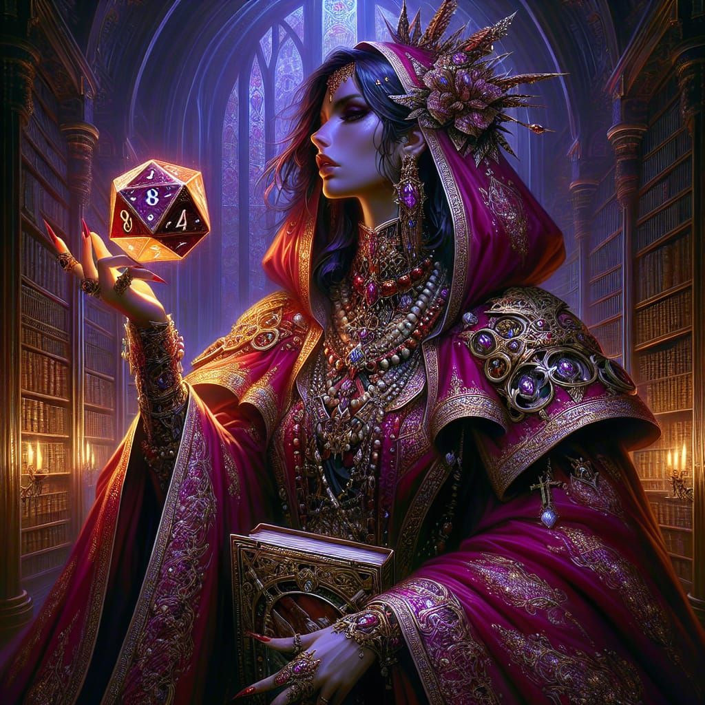 Hispanic Sorceress with Crystal Dice, Art Nouveau Style