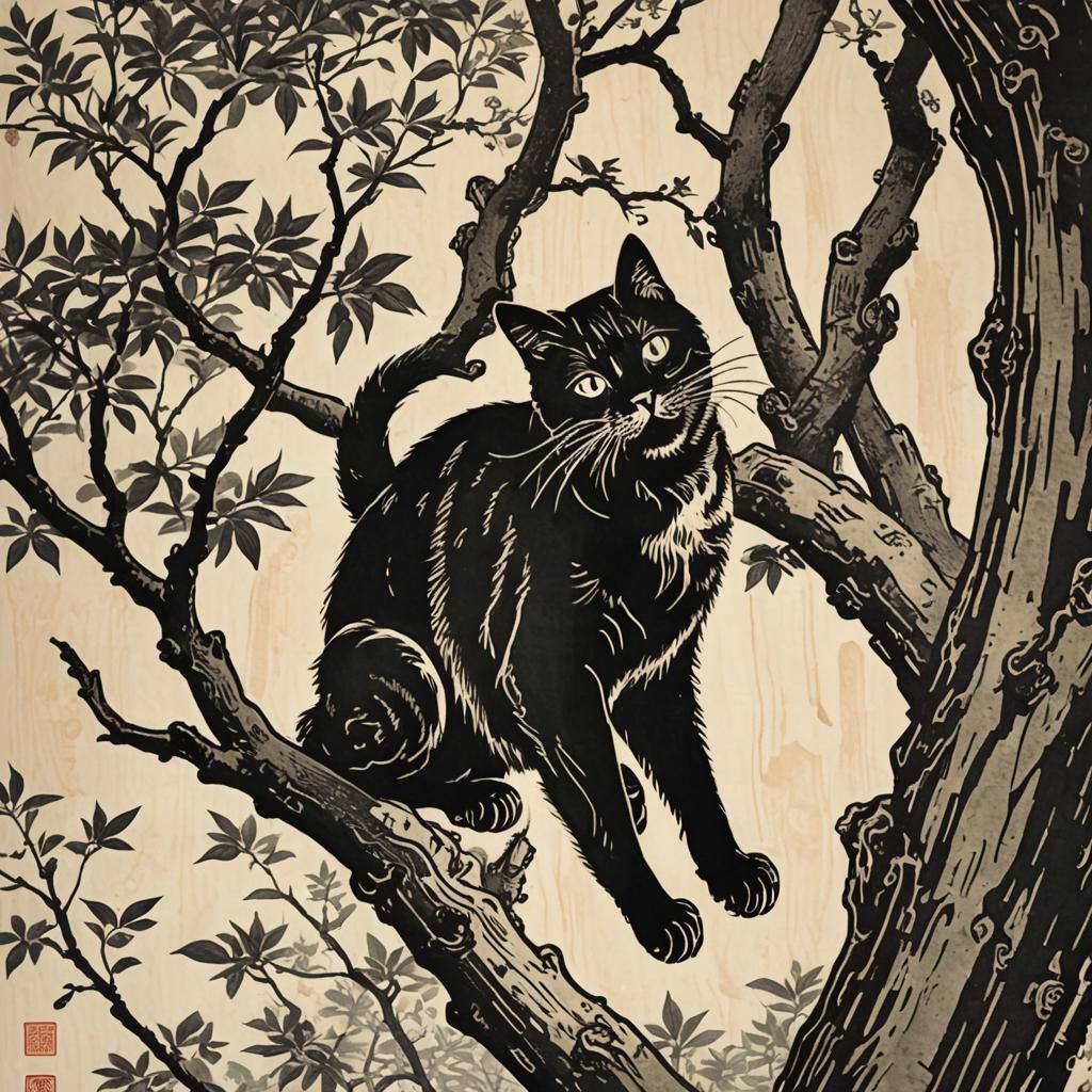 Chinese Woodcut Print of Cat Climbing Tree