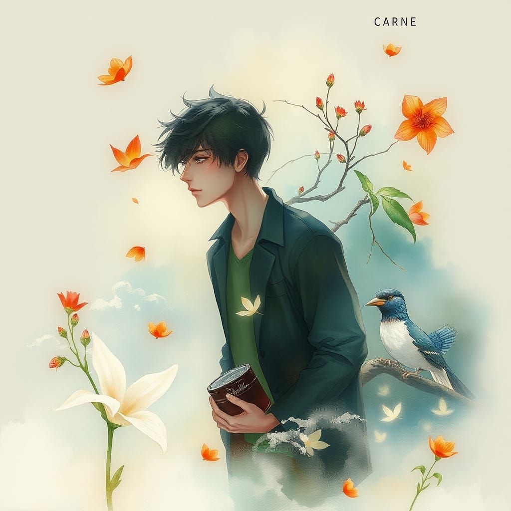 Gender-bender boy the scene with Carne  The overall mood should be a poetic and surreal celebration of nature's fleeting...