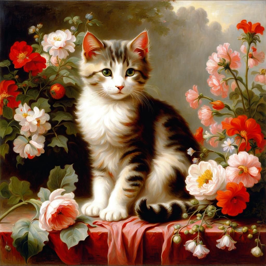 Cat Surrounded by Flowers in Classical Style