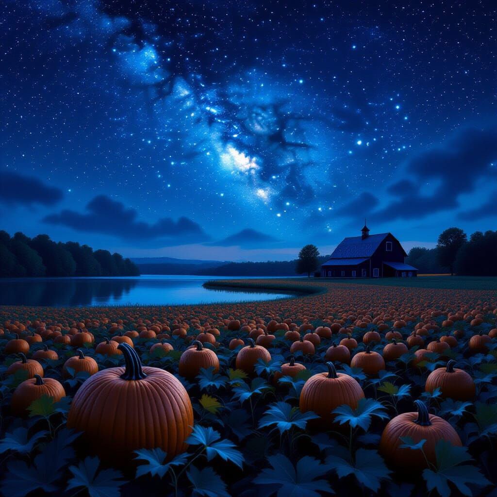 Gothic Starry Night Over Pumpkin Patch and Farm
