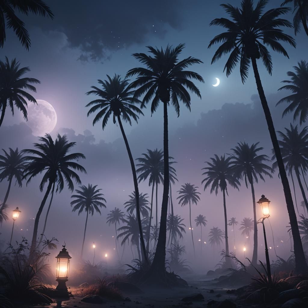 Ethereal Palm Trees in a Dark Fantasy Landscape