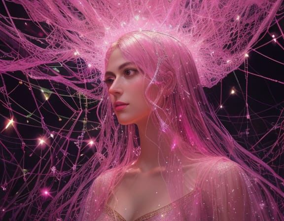 Ethereal Angel Caught in Glowing Pink Nets - Abstract Oil Pa...
