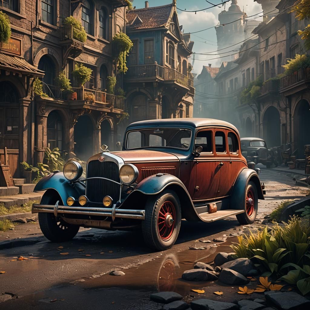 Detailed Matte Painting of a Classic Car