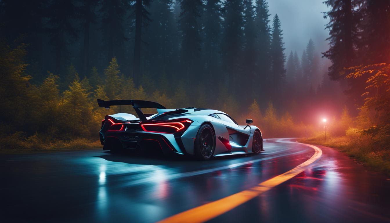 Hyperrealistic Hypercar Speeding Through Stormy Forest at Ni...