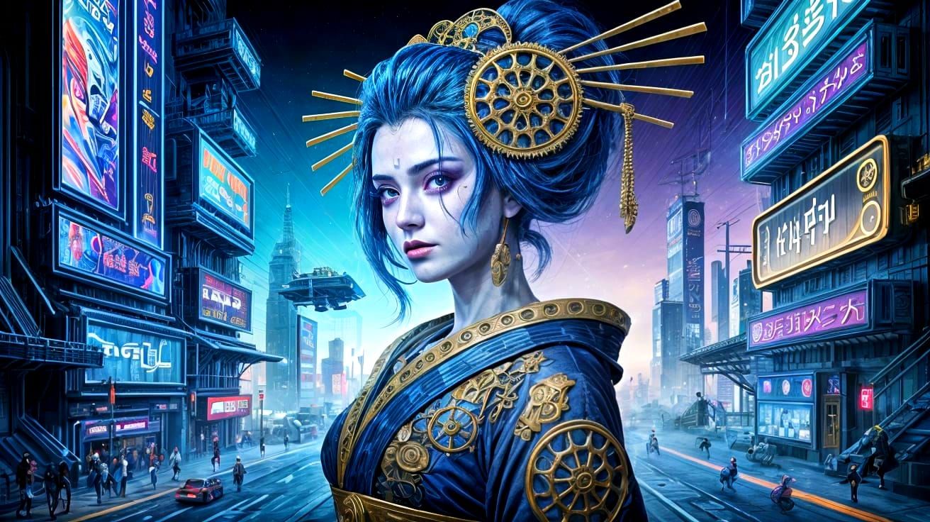 Cyberpunk Geisha Portrait in Art Deco Style