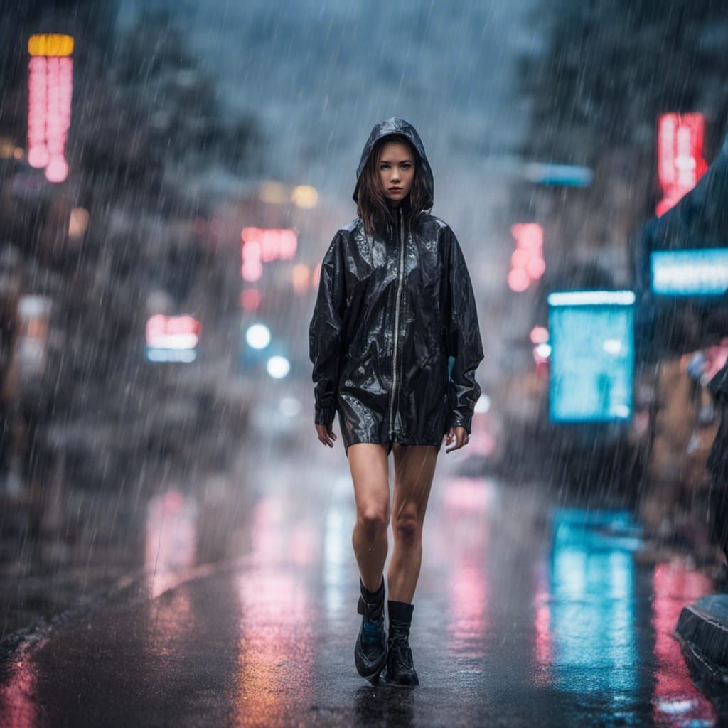 Rain-Soaked Cyberpunk Woman Walking in Future City