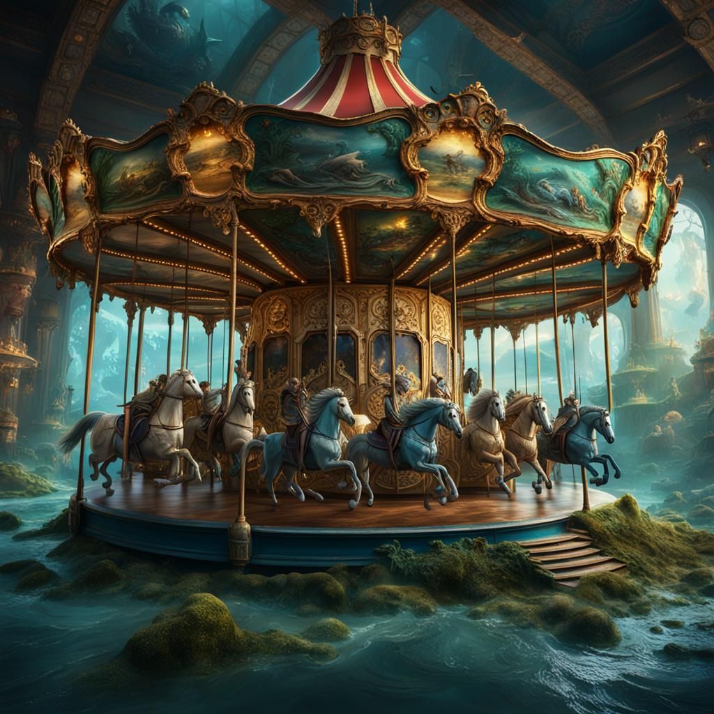 Submerged Carousel Ruins with Marine Life