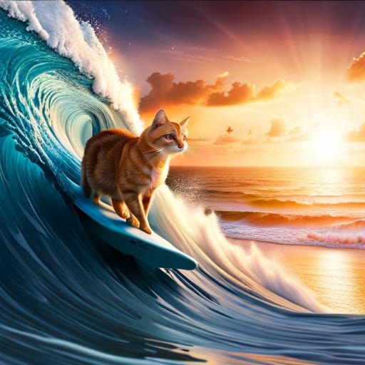 Adorable Cat Surfing a Wave: Digital Matte Painting