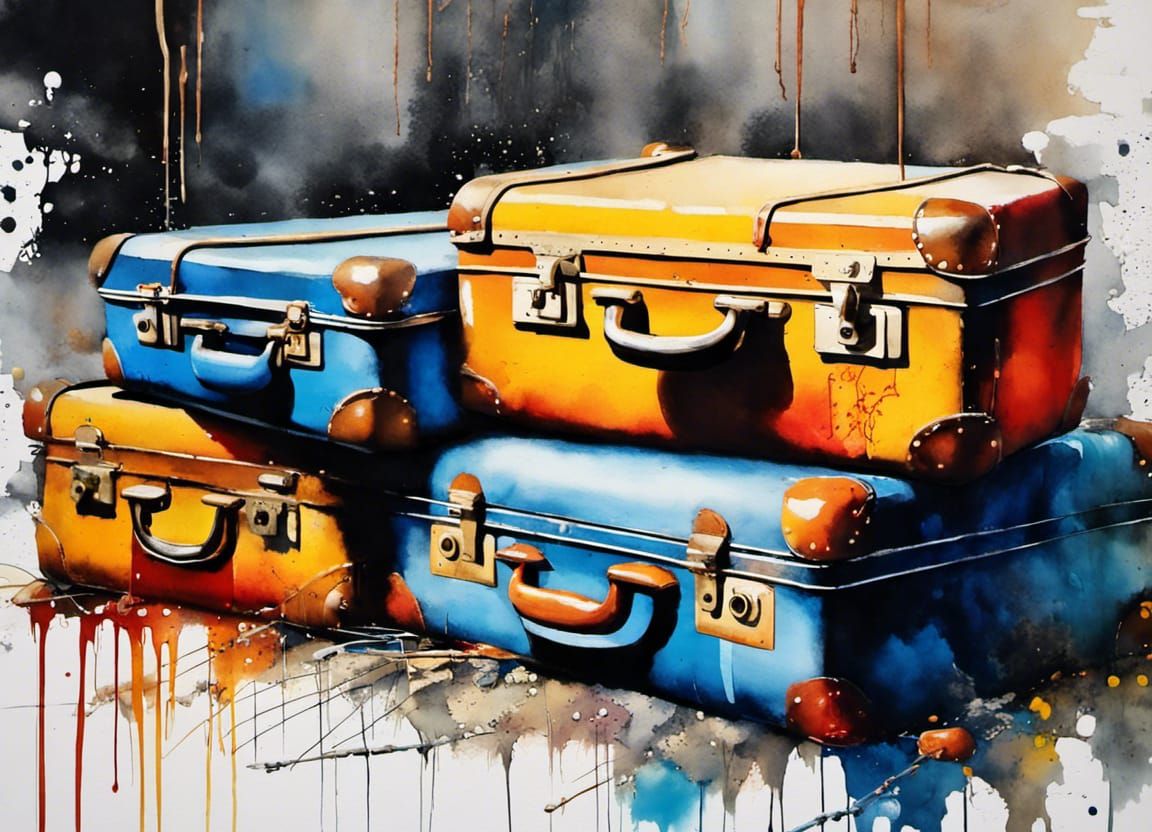 Detailed Suitcases in Graffiti Splash Art Style