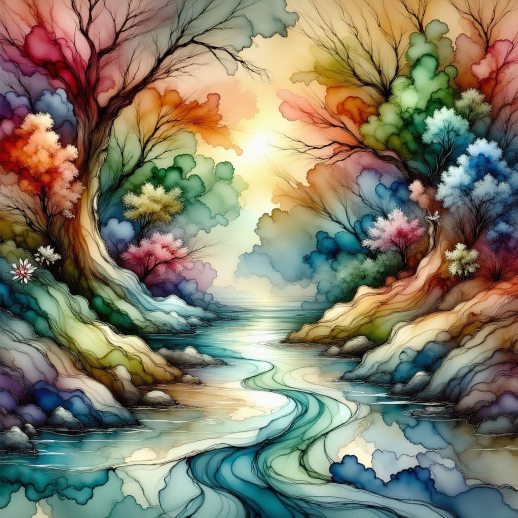 Colorful River Landscape in Ink Wash Style