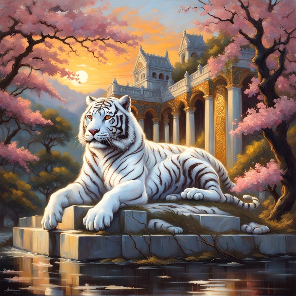 Winged White Tiger Temple Sunset: Gothic Fantasy Painting