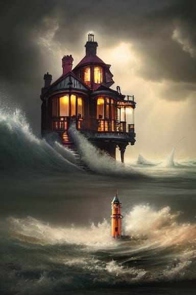 Victorian House Overwhelmed by Wave: Digital Painting