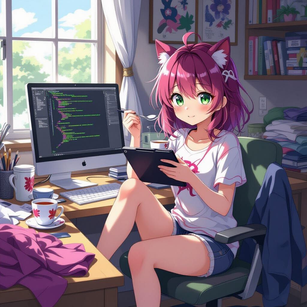 Anime Witch With Pink Hair Uses Computer And Tablet