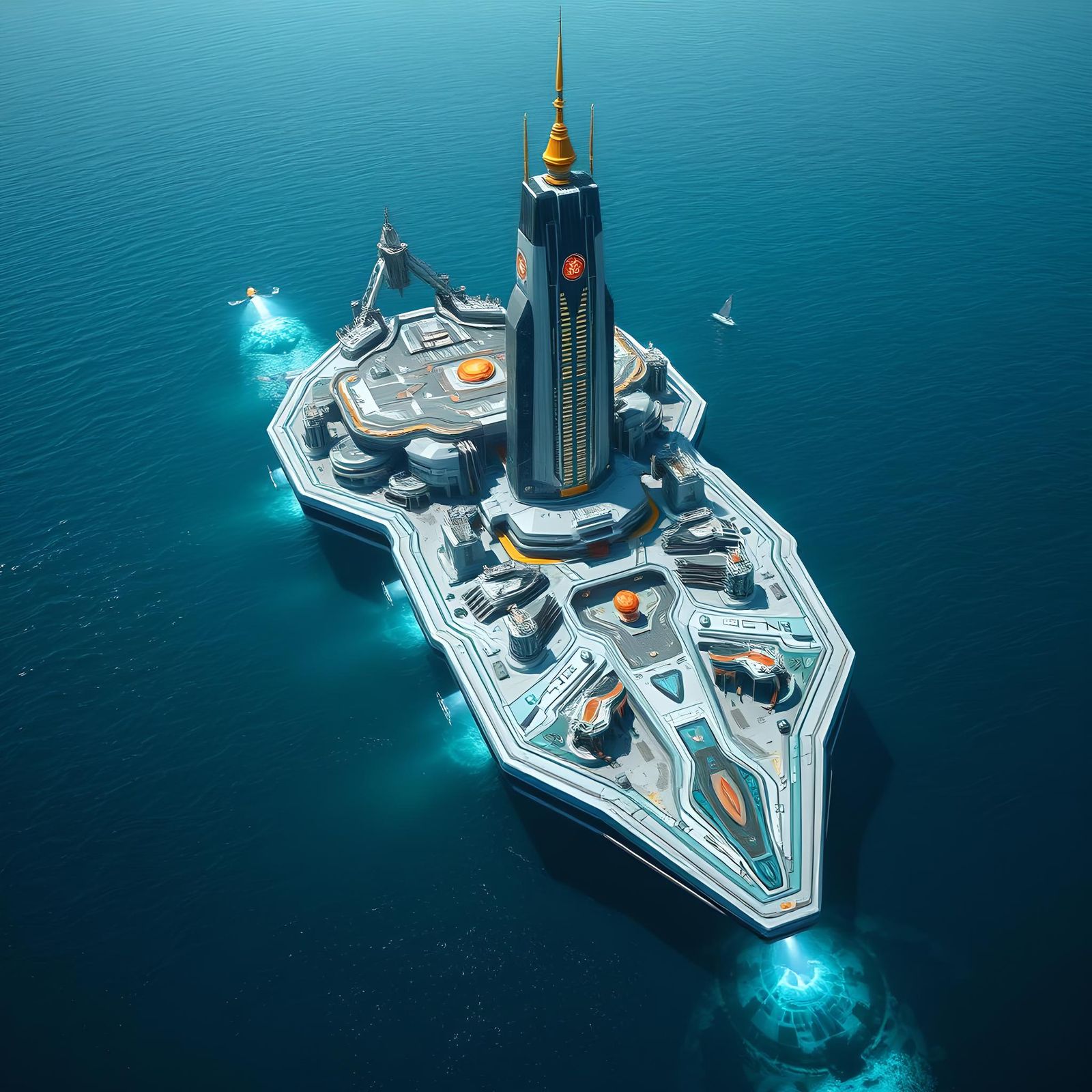 High-Tech City Floating on Ocean: 3D Render