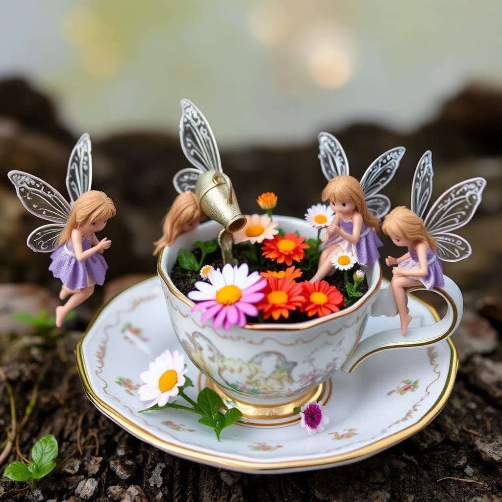 Whimsical Fairies Tend Tiny Teacup Garden