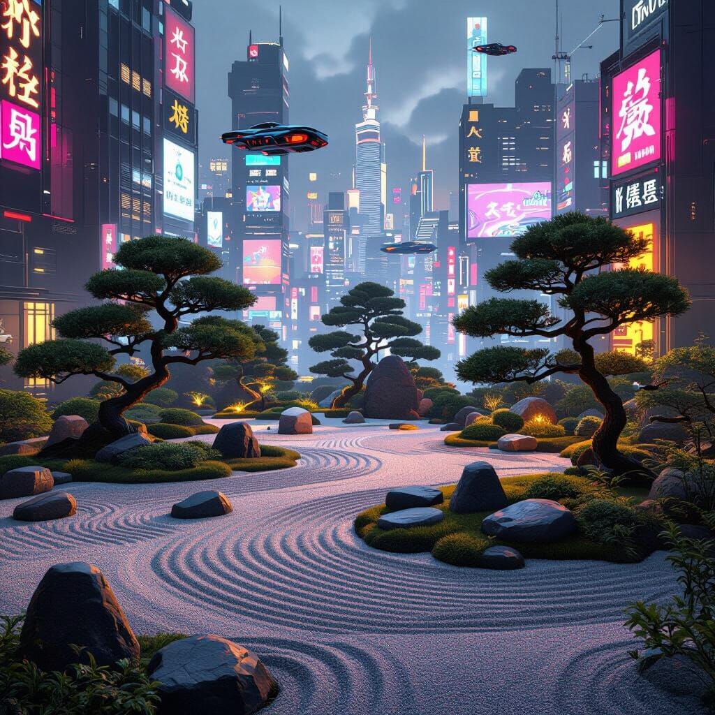 Zen Garden Meets Cyberpunk Cityscape: Hyperrealistic Art