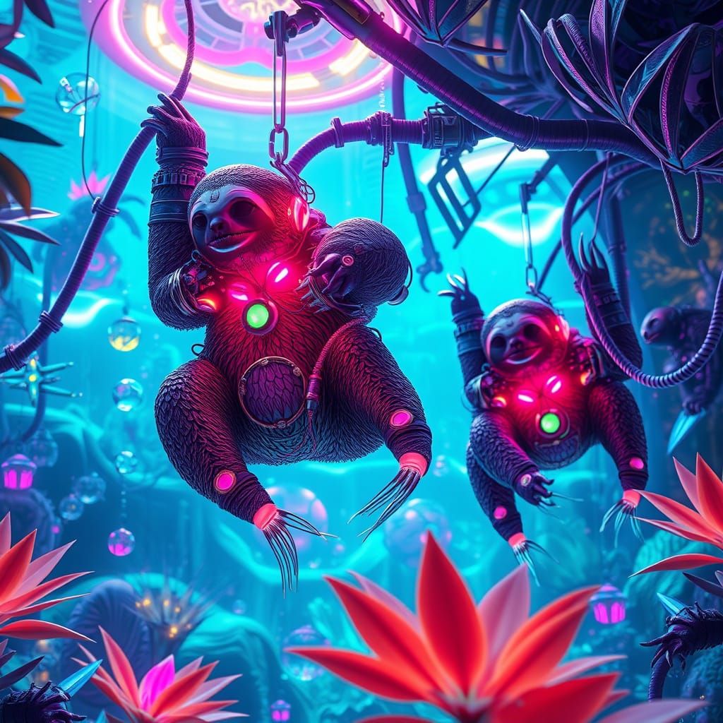 Cybernetic Sloths in Neon Underwater Jungle