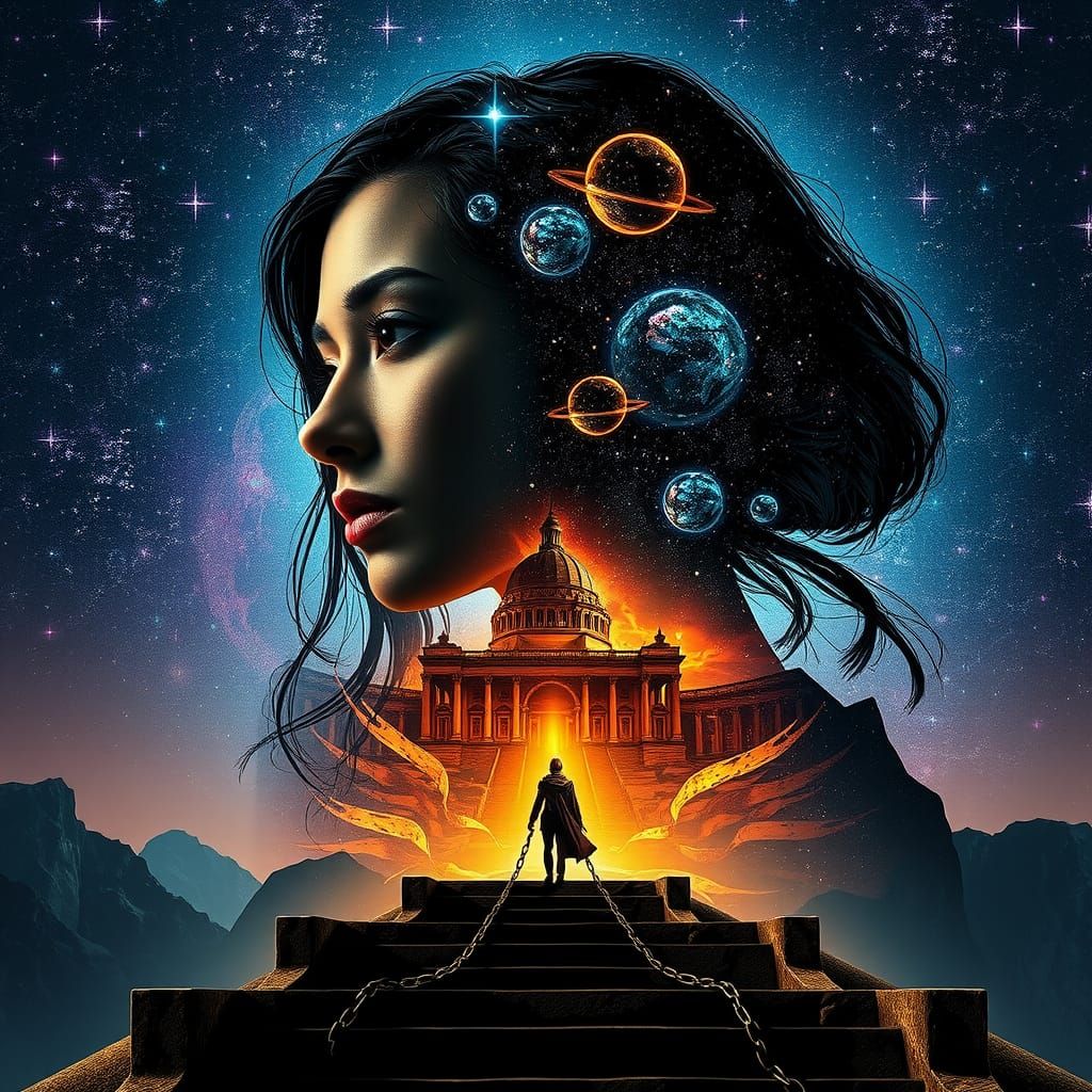 Contemplative Woman in Double Exposure Digital Art